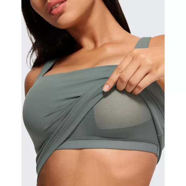 CRZ YOGA Butterluxe Womens Square Neck Longline Sports Bra  Workout Crop Tank Tops Padded with Built in Shelf Yoga BraGrey Sage