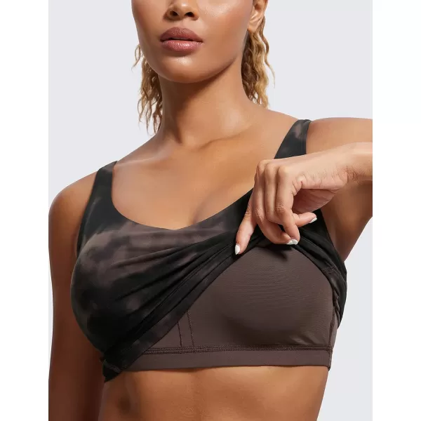 CRZ YOGA Butterluxe Womens V Neck Longline Sports Bra  Padded Workout Crop Tank Top with Built in BraTaupe Tie Dye Flowers