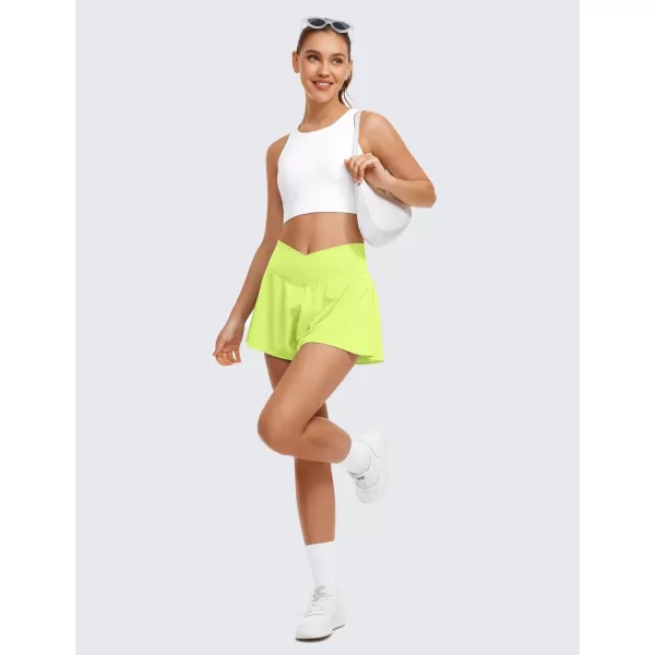 CRZ YOGA Crossover Butterfly Athletic Shorts for Women 2 in 1 Flowy High Waisted Tennis Running Workout Shorts PocketsNeon Yellow