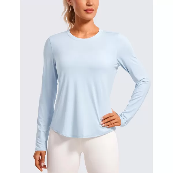 CRZ YOGA Lightweight Long Sleeve Workout Shirts for Women Running UPF 50 Sun T Shirt High Neck Athletic Gym Tee TopsBlue Linen