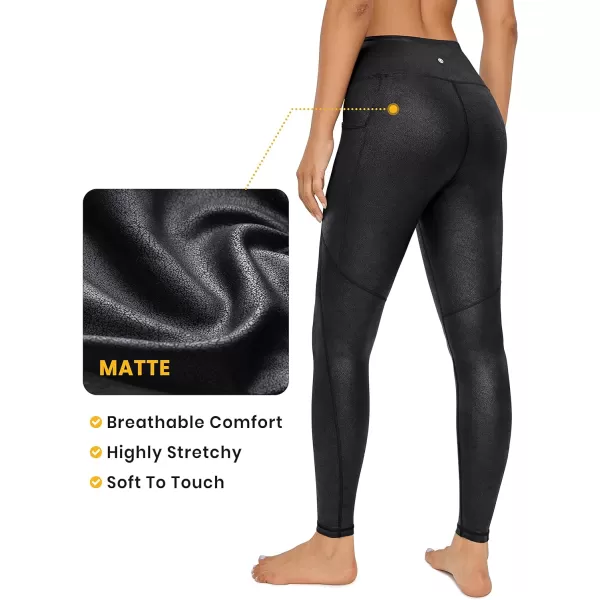 CRZ YOGA Matte Faux Leather Leggings for Women 28  High Waisted Stretch Pleather Pants Full Length Workout Tights PocketsBlack Plain