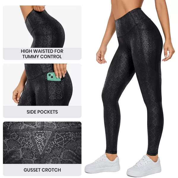 CRZ YOGA Matte Faux Leather Leggings for Women 28  High Waisted Stretch Pleather Pants Full Length Workout Tights PocketsBlack Snake