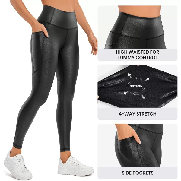 CRZ YOGA Matte Faux Leather Leggings for Women 28  High Waisted Stretch Pleather Pants Full Length Workout Tights PocketsClassic Coating  Black