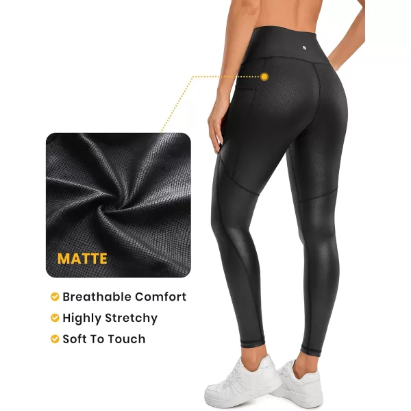 CRZ YOGA Matte Faux Leather Leggings for Women 28  High Waisted Stretch Pleather Pants Full Length Workout Tights PocketsClassic Coating  Black