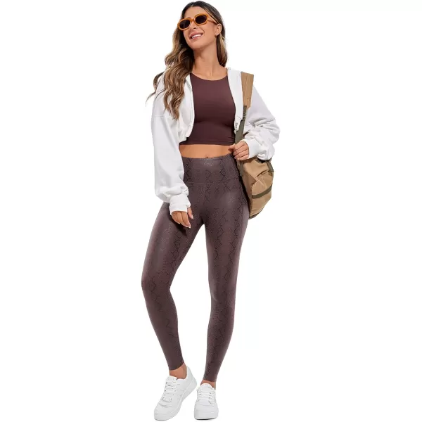 CRZ YOGA Matte Faux Leather Leggings for Women 28  High Waisted Stretch Pleather Pants Full Length Workout Tights PocketsPurple Taupe Snake