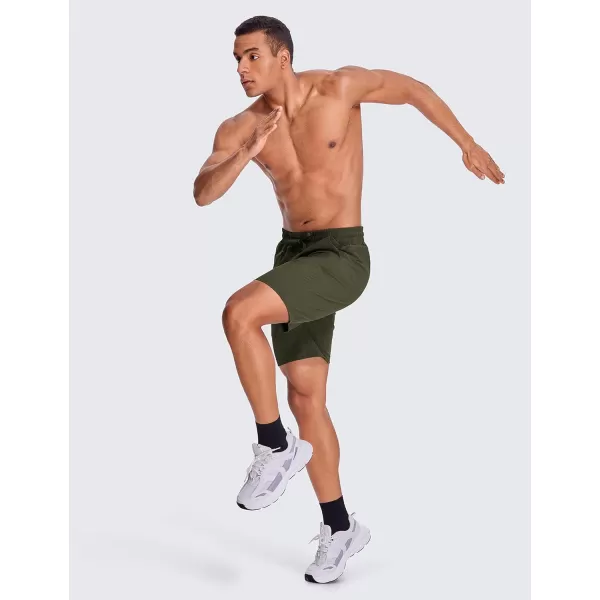 CRZ YOGA Mens Linerless Workout Shorts  7  9 Quick Dry Running Sports Athletic Gym Shorts with Pockets9 inches Dark Olive