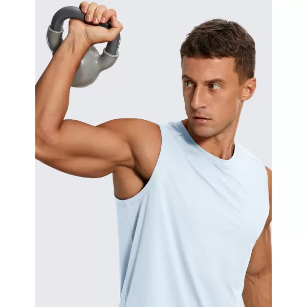 CRZ YOGA Mens Workout Sleeveless Shirt Quick Dry Stretchy Swim Shirts Athletic Gym Running Beach Tank TopBlue Linen