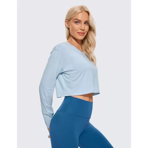 CRZ YOGA Pima Cotton Long Sleeve Shirts for Women Workout Crop Tops Loose Cropped TShirts Athletic Gym ShirtsBlue Linen