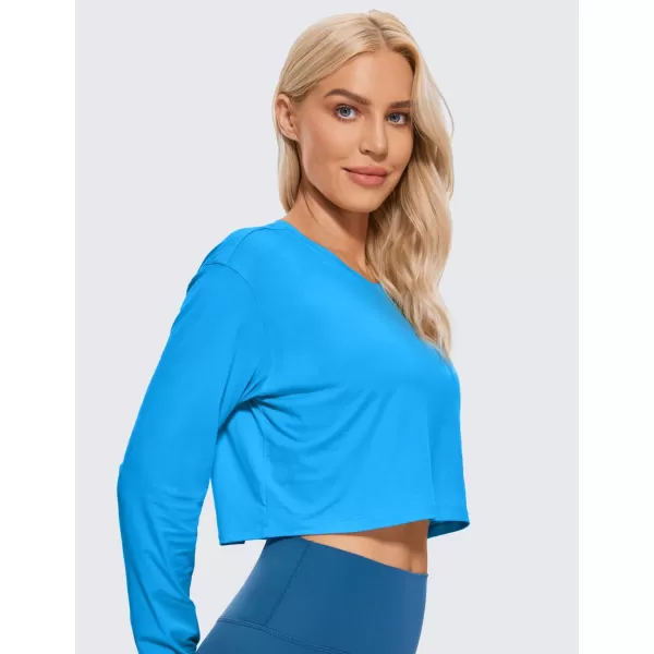 CRZ YOGA Pima Cotton Long Sleeve Shirts for Women Workout Crop Tops Loose Cropped TShirts Athletic Gym ShirtsMadagascar Blue