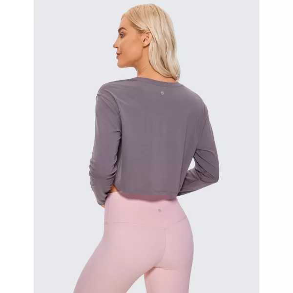 CRZ YOGA Pima Cotton Long Sleeve Shirts for Women Workout Crop Tops Loose Cropped TShirts Athletic Gym ShirtsPurple Gray