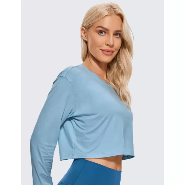 CRZ YOGA Pima Cotton Long Sleeve Shirts for Women Workout Crop Tops Loose Cropped TShirts Athletic Gym ShirtsUniverse Blue