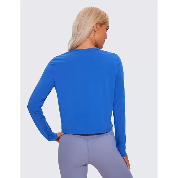 CRZ YOGA Pima Cotton Long Sleeve Workout Shirts for Women Loose Cropped Tops Athletic Sports TShirtStrong Blue