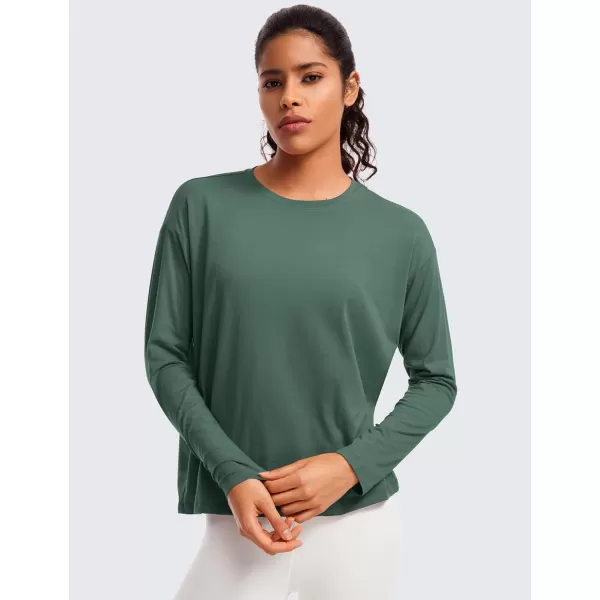 CRZ YOGA Pima Cotton Long Sleeve Workout Shirts for Women Loose Fit Crew Neck Yoga Athletic Tops Casual Fall ShirtGraphite Green