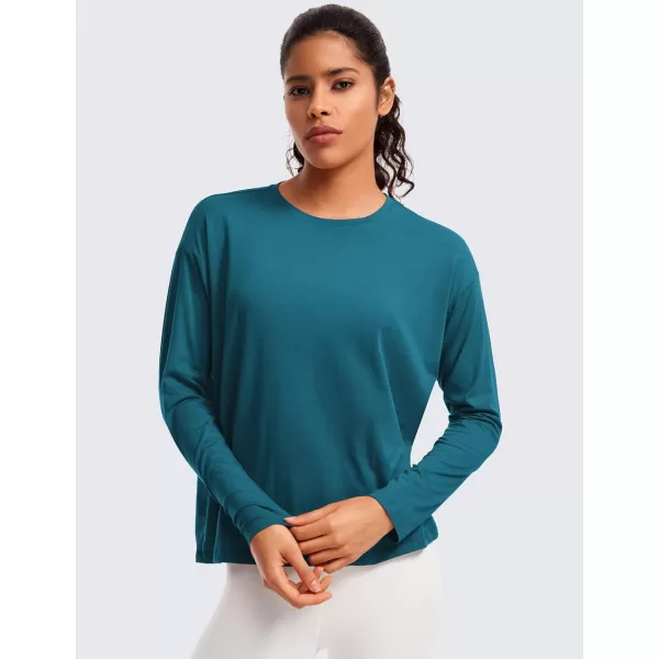 CRZ YOGA Pima Cotton Long Sleeve Workout Shirts for Women Loose Fit Crew Neck Yoga Athletic Tops Casual Fall ShirtGreen Jade