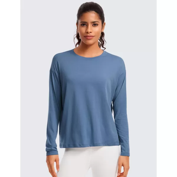 CRZ YOGA Pima Cotton Long Sleeve Workout Shirts for Women Loose Fit Crew Neck Yoga Athletic Tops Casual Fall ShirtInk Blue