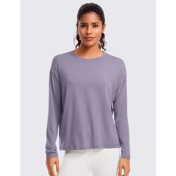 CRZ YOGA Pima Cotton Long Sleeve Workout Shirts for Women Loose Fit Crew Neck Yoga Athletic Tops Casual Fall ShirtLavender Gray