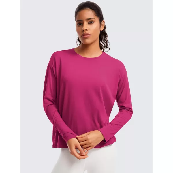 CRZ YOGA Pima Cotton Long Sleeve Workout Shirts for Women Loose Fit Crew Neck Yoga Athletic Tops Casual Fall ShirtSizzling Pink