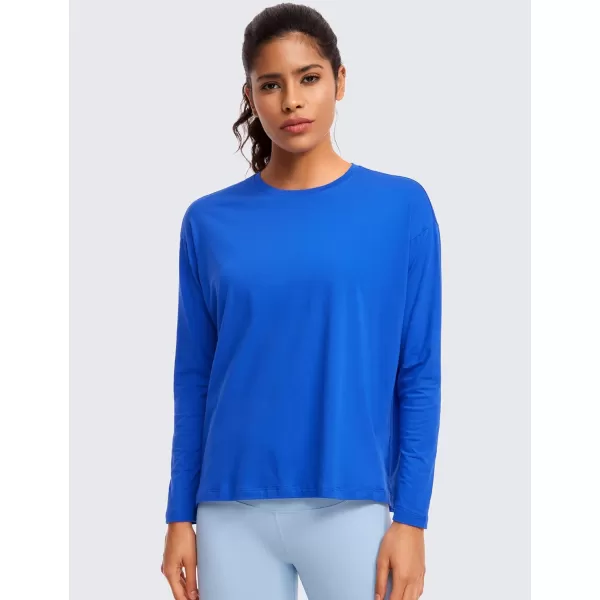 CRZ YOGA Pima Cotton Long Sleeve Workout Shirts for Women Loose Fit Crew Neck Yoga Athletic Tops Casual Fall ShirtStrong Blue