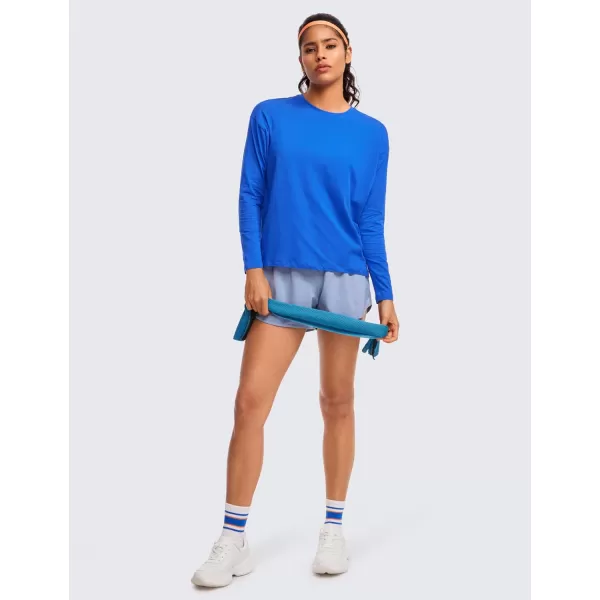 CRZ YOGA Pima Cotton Long Sleeve Workout Shirts for Women Loose Fit Crew Neck Yoga Athletic Tops Casual Fall ShirtStrong Blue