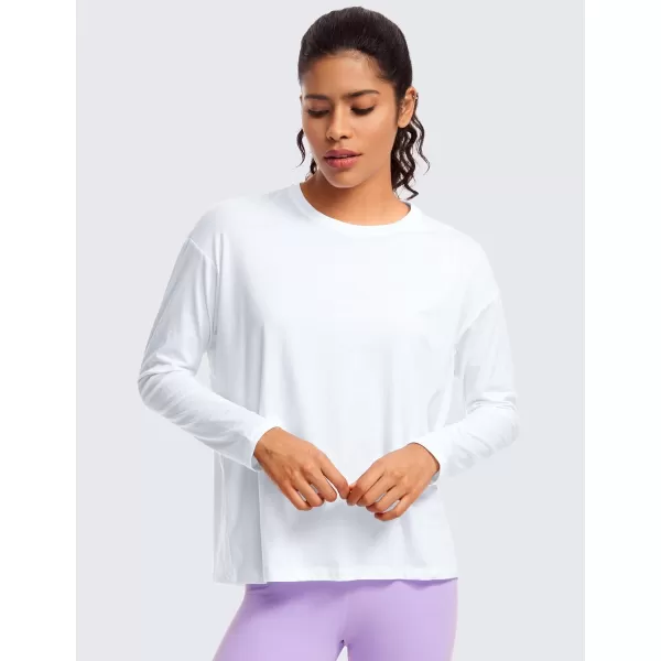 CRZ YOGA Pima Cotton Long Sleeve Workout Shirts for Women Loose Fit Crew Neck Yoga Athletic Tops Casual Fall ShirtWhite