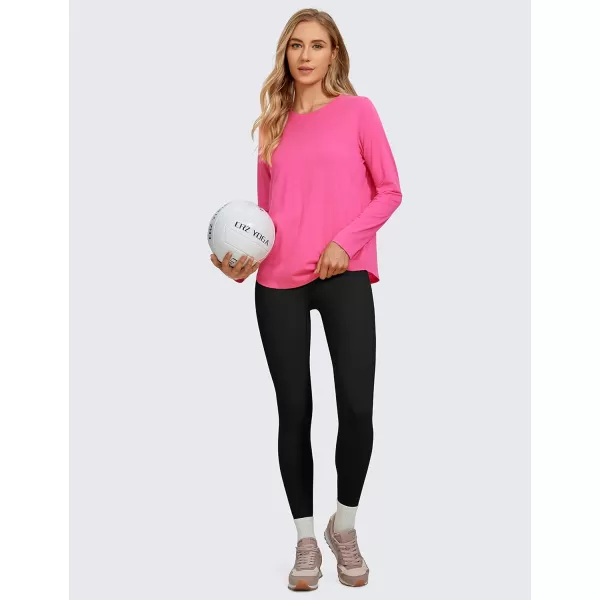 CRZ YOGA Pima Cotton Workout Long Sleeve Shirts for Women Athletic Crewneck Yoga Casual Tops Plain TShirtSonic Pink