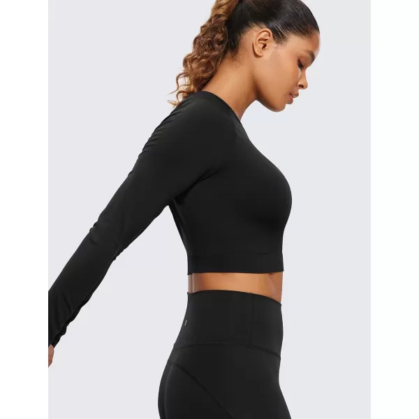 CRZ YOGA Seamless Long Sleeve Shirts for Women Ribbed Workout Tops Athletic Crop Tops Cropped Running Gym ShirtsBlack