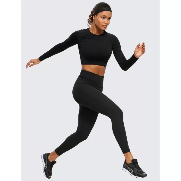 CRZ YOGA Seamless Long Sleeve Shirts for Women Ribbed Workout Tops Athletic Crop Tops Cropped Running Gym ShirtsBlack