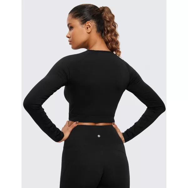 CRZ YOGA Seamless Long Sleeve Shirts for Women Ribbed Workout Tops Athletic Crop Tops Cropped Running Gym ShirtsBlack