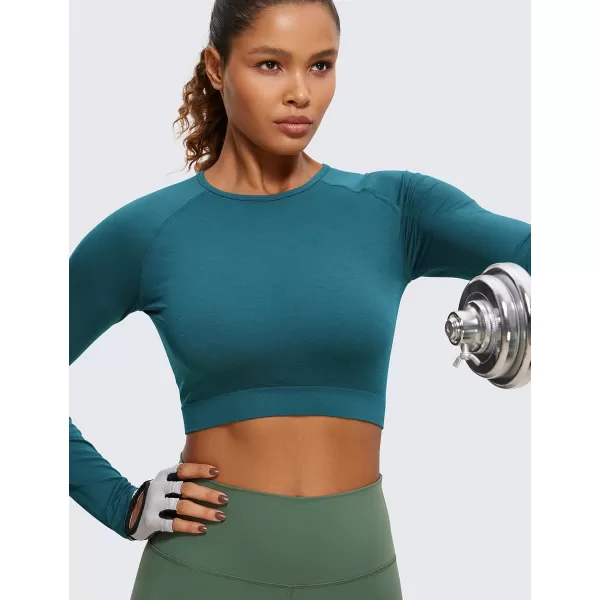 CRZ YOGA Seamless Long Sleeve Shirts for Women Ribbed Workout Tops Athletic Crop Tops Cropped Running Gym ShirtsGreen Jade