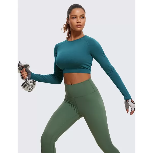 CRZ YOGA Seamless Long Sleeve Shirts for Women Ribbed Workout Tops Athletic Crop Tops Cropped Running Gym ShirtsGreen Jade