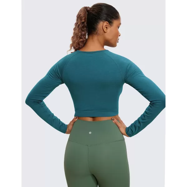 CRZ YOGA Seamless Long Sleeve Shirts for Women Ribbed Workout Tops Athletic Crop Tops Cropped Running Gym ShirtsGreen Jade