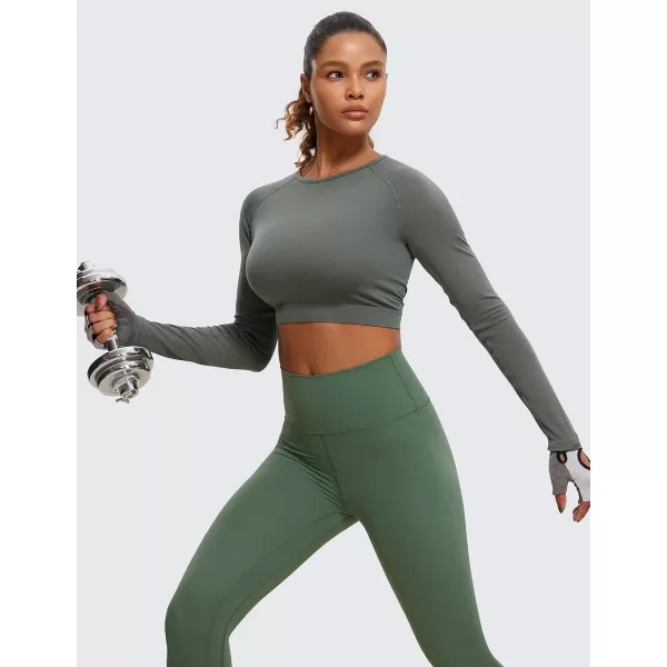 CRZ YOGA Seamless Long Sleeve Shirts for Women Ribbed Workout Tops Athletic Crop Tops Cropped Running Gym ShirtsGrey Sage