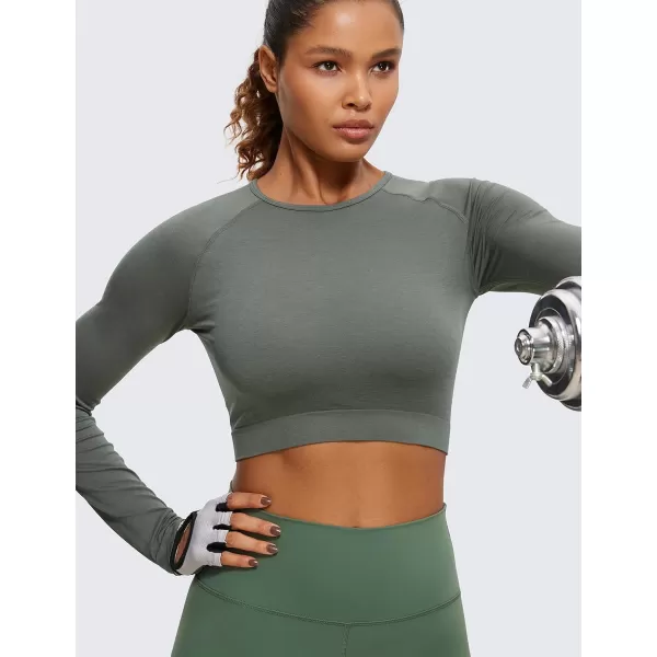 CRZ YOGA Seamless Long Sleeve Shirts for Women Ribbed Workout Tops Athletic Crop Tops Cropped Running Gym ShirtsGrey Sage