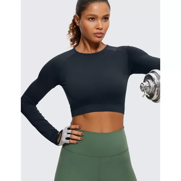 CRZ YOGA Seamless Long Sleeve Shirts for Women Ribbed Workout Tops Athletic Crop Tops Cropped Running Gym ShirtsTrue Navy