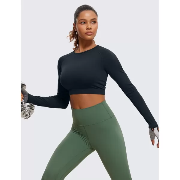 CRZ YOGA Seamless Long Sleeve Shirts for Women Ribbed Workout Tops Athletic Crop Tops Cropped Running Gym ShirtsTrue Navy