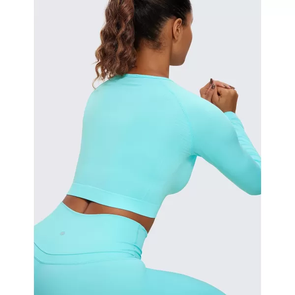 CRZ YOGA Seamless Long Sleeve Shirts for Women Ribbed Workout Tops Athletic Crop Tops Cropped Running Gym ShirtsTurquoise