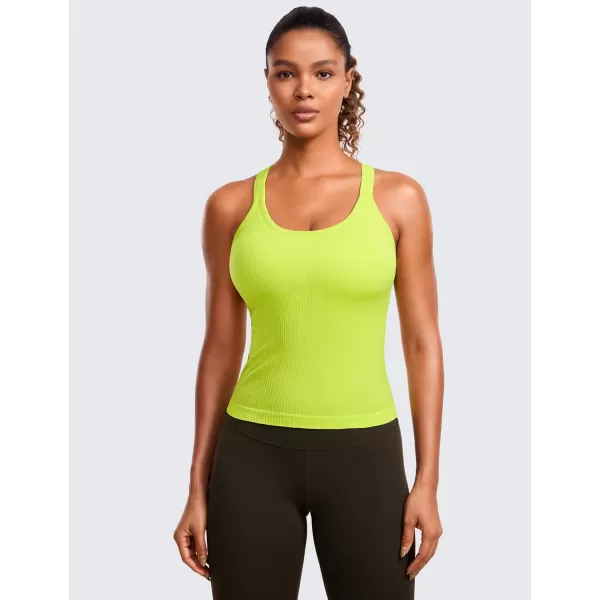 CRZ YOGA Seamless Ribbed Womens Tank Top Racerback Camisoles with Built in Bra Padded Scoop Neck Athletic Workout Slim TanksChartreuse