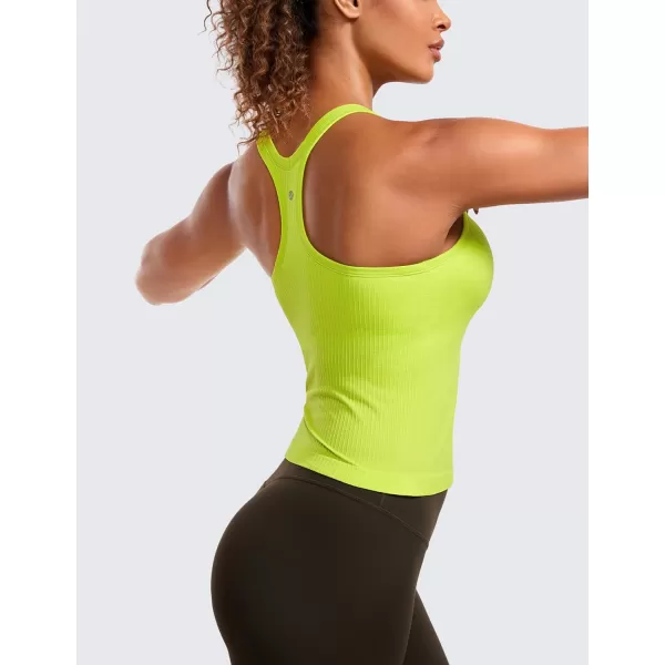 CRZ YOGA Seamless Ribbed Womens Tank Top Racerback Camisoles with Built in Bra Padded Scoop Neck Athletic Workout Slim TanksChartreuse