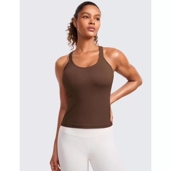 CRZ YOGA Seamless Ribbed Womens Tank Top Racerback Camisoles with Built in Bra Padded Scoop Neck Athletic Workout Slim TanksCoffee Brown