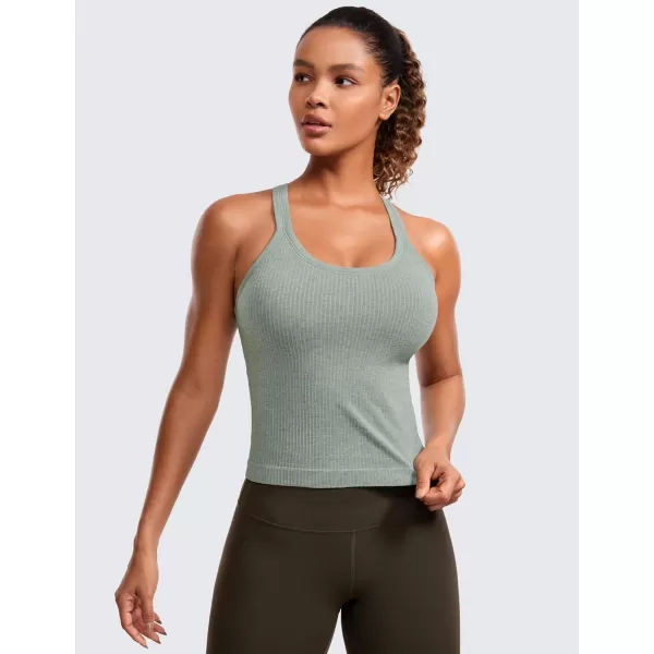 CRZ YOGA Seamless Ribbed Womens Tank Top Racerback Camisoles with Built in Bra Padded Scoop Neck Athletic Workout Slim TanksDark Green