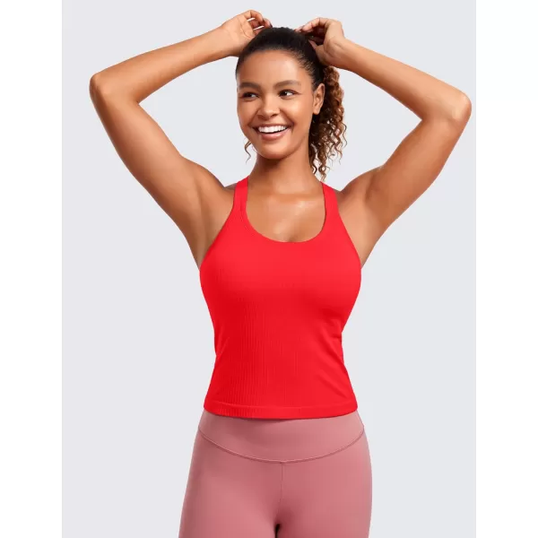 CRZ YOGA Seamless Ribbed Womens Tank Top Racerback Camisoles with Built in Bra Padded Scoop Neck Athletic Workout Slim TanksDeep Red