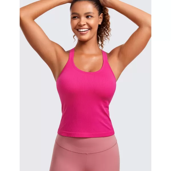 CRZ YOGA Seamless Ribbed Womens Tank Top Racerback Camisoles with Built in Bra Padded Scoop Neck Athletic Workout Slim TanksGranita Pink