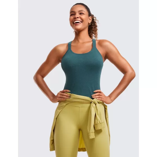 CRZ YOGA Seamless Ribbed Womens Tank Top Racerback Camisoles with Built in Bra Padded Scoop Neck Athletic Workout Slim TanksGreen Jade