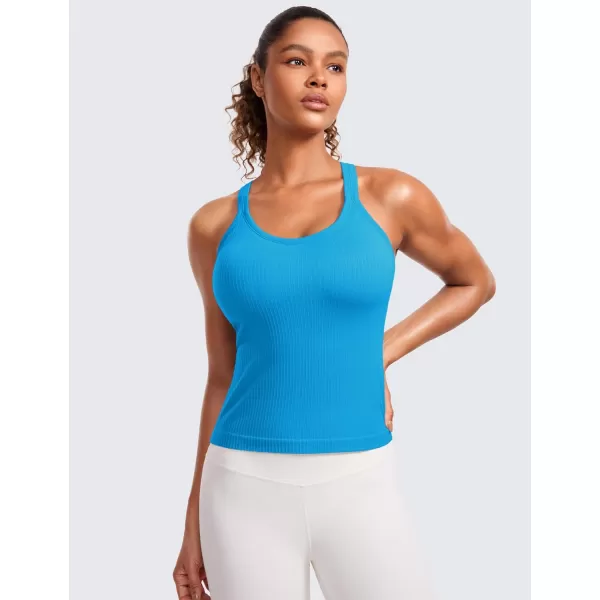 CRZ YOGA Seamless Ribbed Womens Tank Top Racerback Camisoles with Built in Bra Padded Scoop Neck Athletic Workout Slim TanksMadagascar Blue