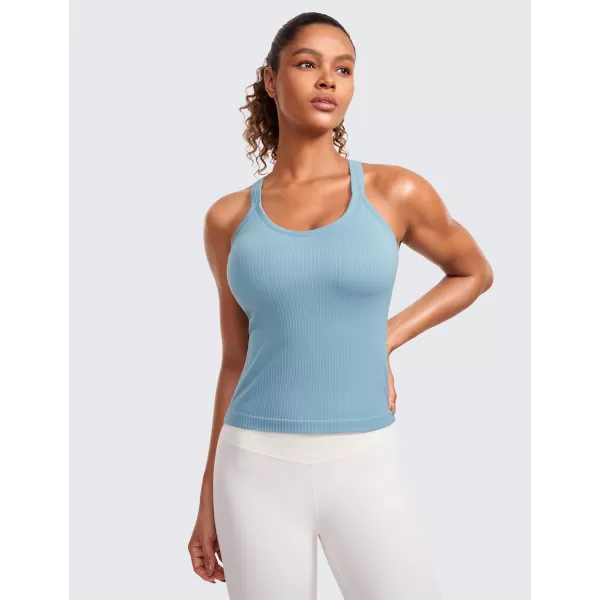 CRZ YOGA Seamless Ribbed Womens Tank Top Racerback Camisoles with Built in Bra Padded Scoop Neck Athletic Workout Slim TanksPure Blue