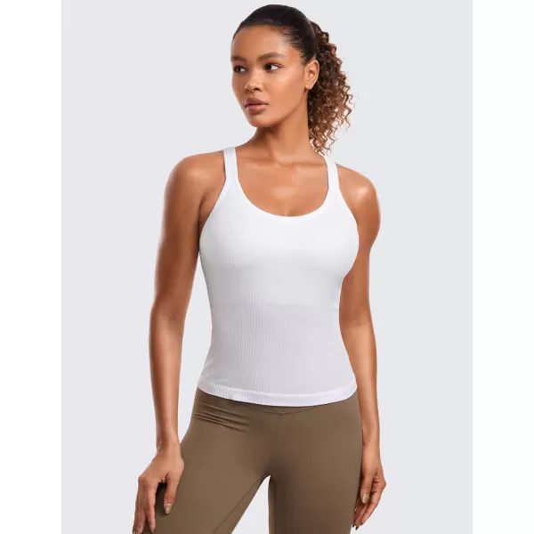 CRZ YOGA Seamless Ribbed Womens Tank Top Racerback Camisoles with Built in Bra Padded Scoop Neck Athletic Workout Slim TanksWhite