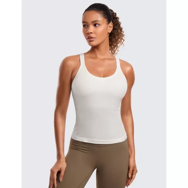 CRZ YOGA Seamless Ribbed Womens Tank Top Racerback Camisoles with Built in Bra Padded Scoop Neck Athletic Workout Slim TanksWhite Apricot