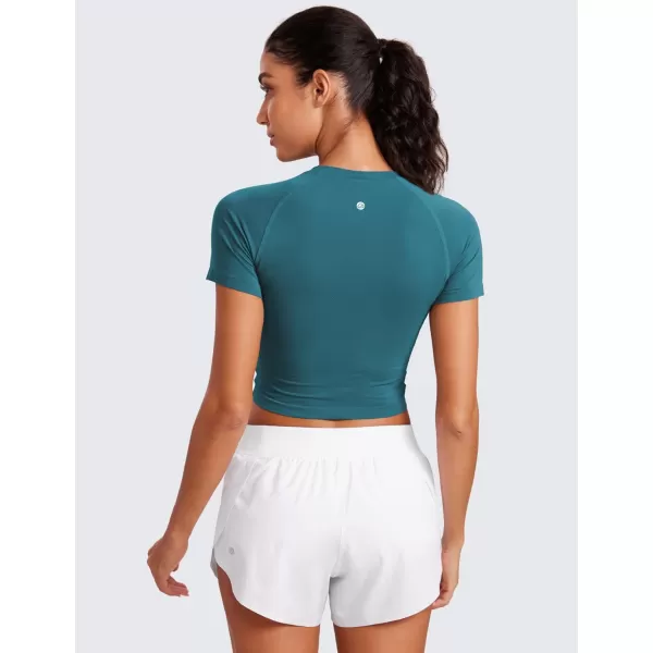 CRZ YOGA Seamless Womens Short Sleeve Crop Tops Breathable Slim Fit Gym Workout Shirts Athletic Running Basic Tee TopGreen Jade