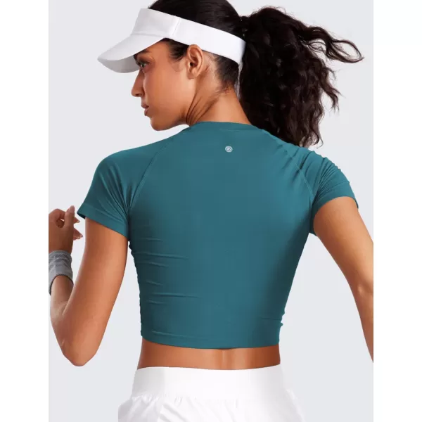 CRZ YOGA Seamless Womens Short Sleeve Crop Tops Breathable Slim Fit Gym Workout Shirts Athletic Running Basic Tee TopGreen Jade