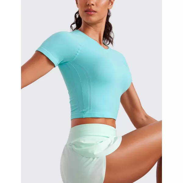 CRZ YOGA Seamless Womens Short Sleeve Crop Tops Breathable Slim Fit Gym Workout Shirts Athletic Running Basic Tee TopTurquoise